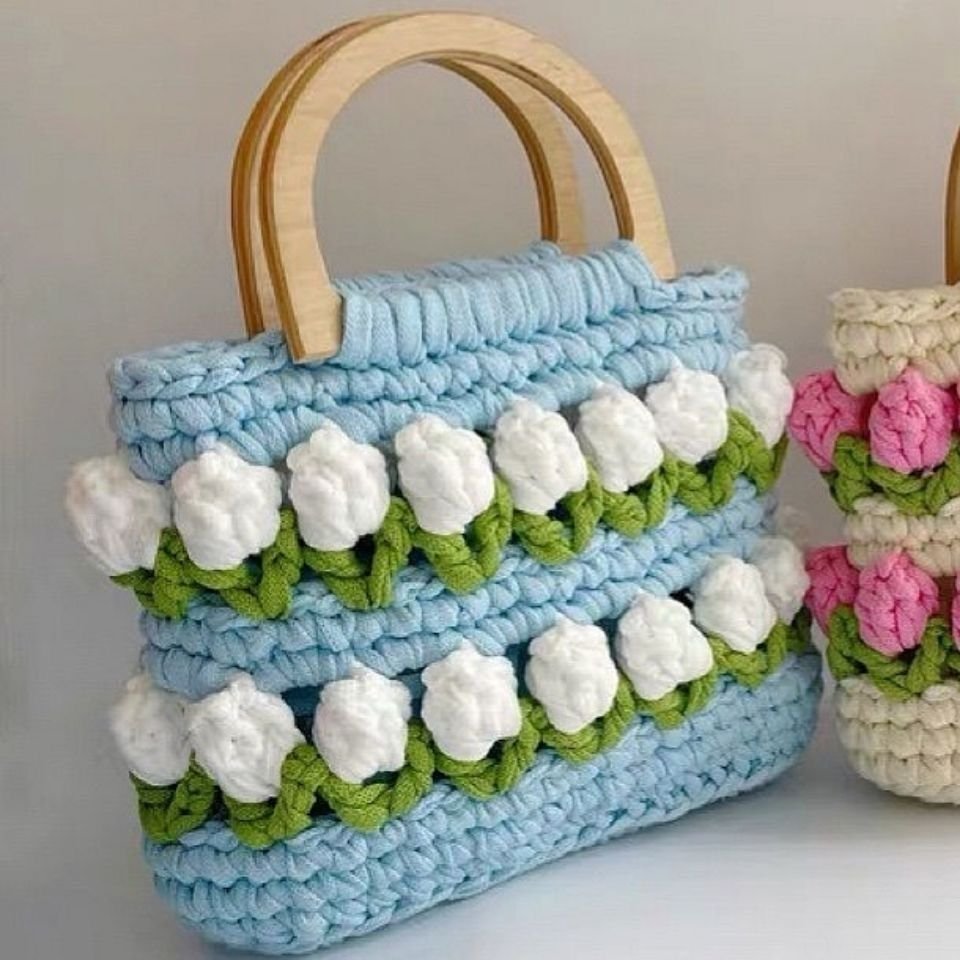 Cloth Line Crochet Knitting Tulips Handbags - Image 4