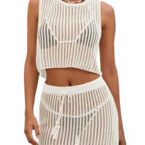 Fisoew Womens 2 Piece Crochet Sets Sleeveless Crop Tops Cover Up Beach Mini Skirt Outfits Vacation Sets
