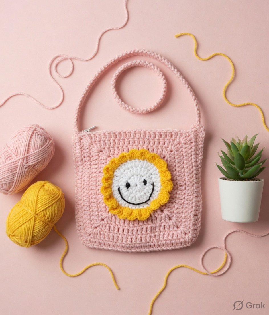 Handmade Pink Crochet Sling Bag for Women & Kids, Boho Summer Shoulder Bag - Image 5