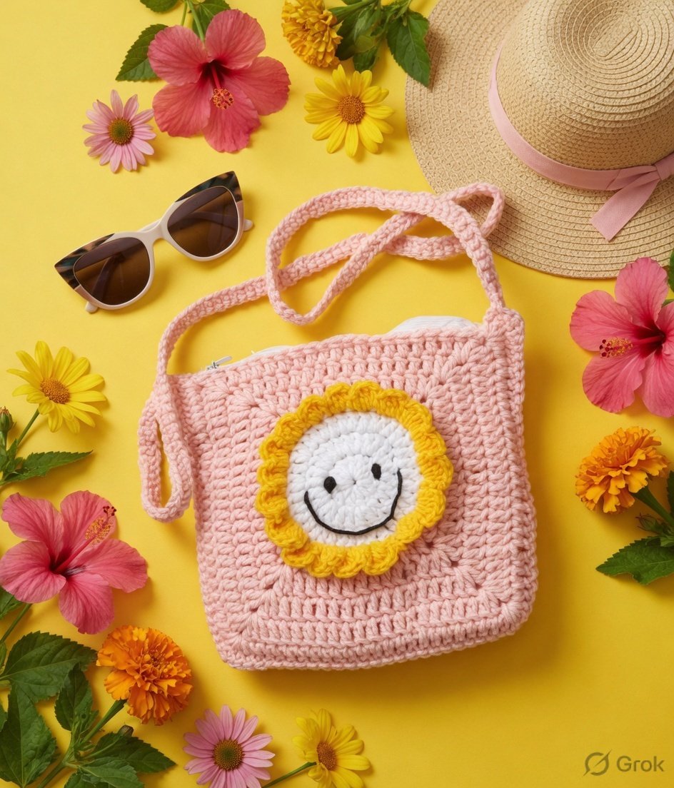 Handmade Pink Crochet Sling Bag for Women & Kids, Boho Summer Shoulder Bag - Image 7