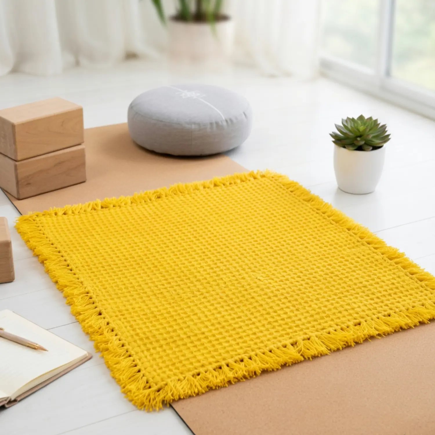 Handmade Yellow Woolen Meditation Mat | Soft Crochet Yoga Sitting Mat with Fringe (21*22 inches) - Image 4