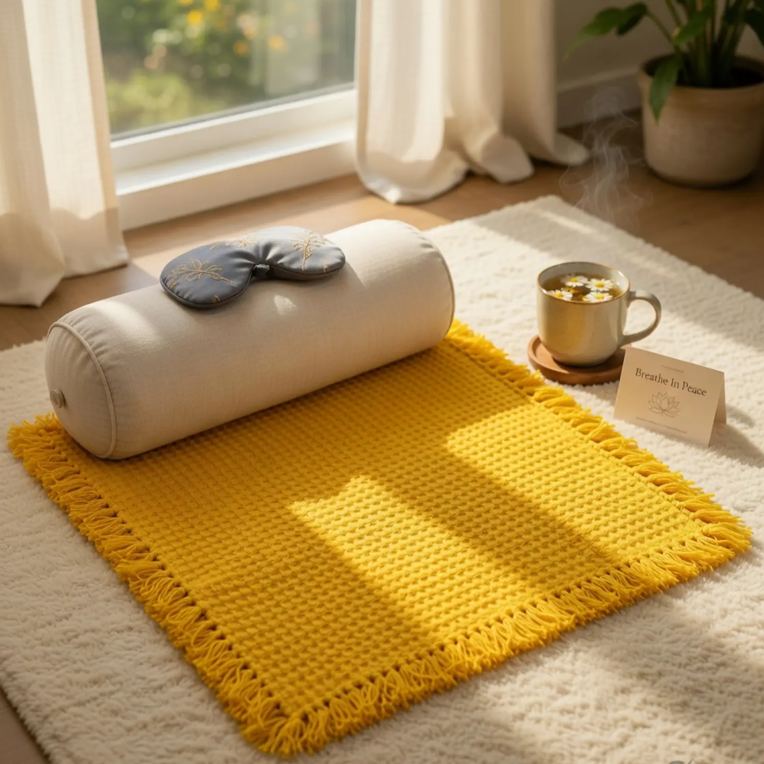 Handmade Yellow Woolen Meditation Mat | Soft Crochet Yoga Sitting Mat with Fringe (21*22 inches) - Image 6